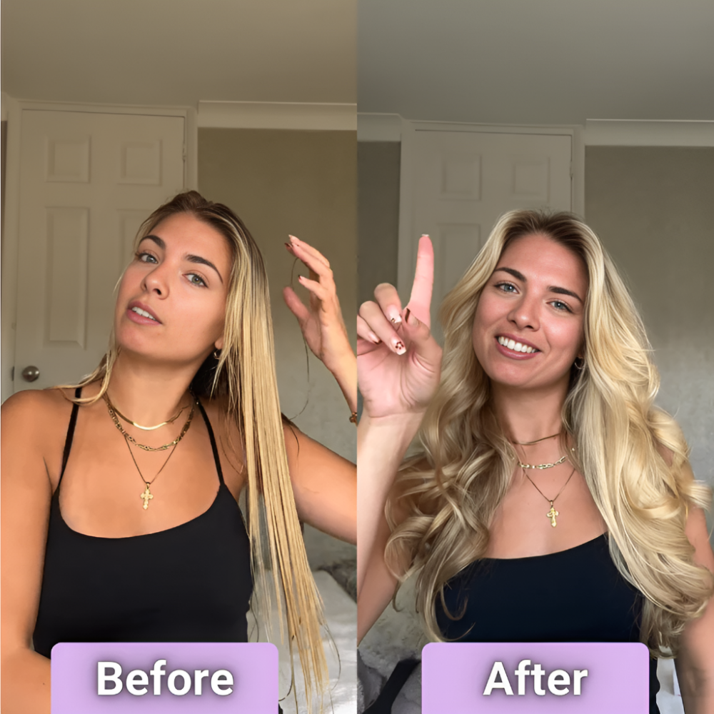 Before and after hair transformation using Zanmura 5-in-1 Hair Styler, Curler showing straight hair to voluminous curls.